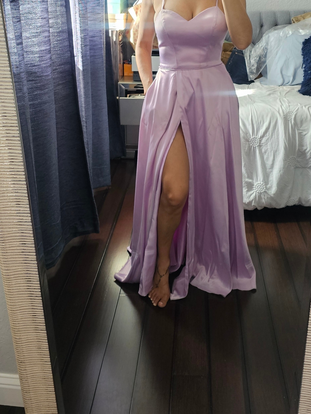 Elegant Lavender Satin Maxi Skirt with Front Slit